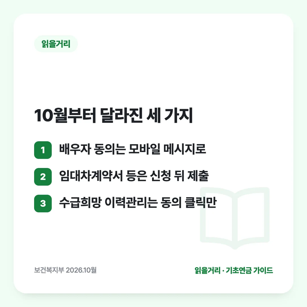 10월부터 달라진 세 가지: 배우자 동의는 모바일 메시지로 / 임대차계약서 등은 신청 뒤 제출 / 수급희망 이력관리는 동의 클릭만